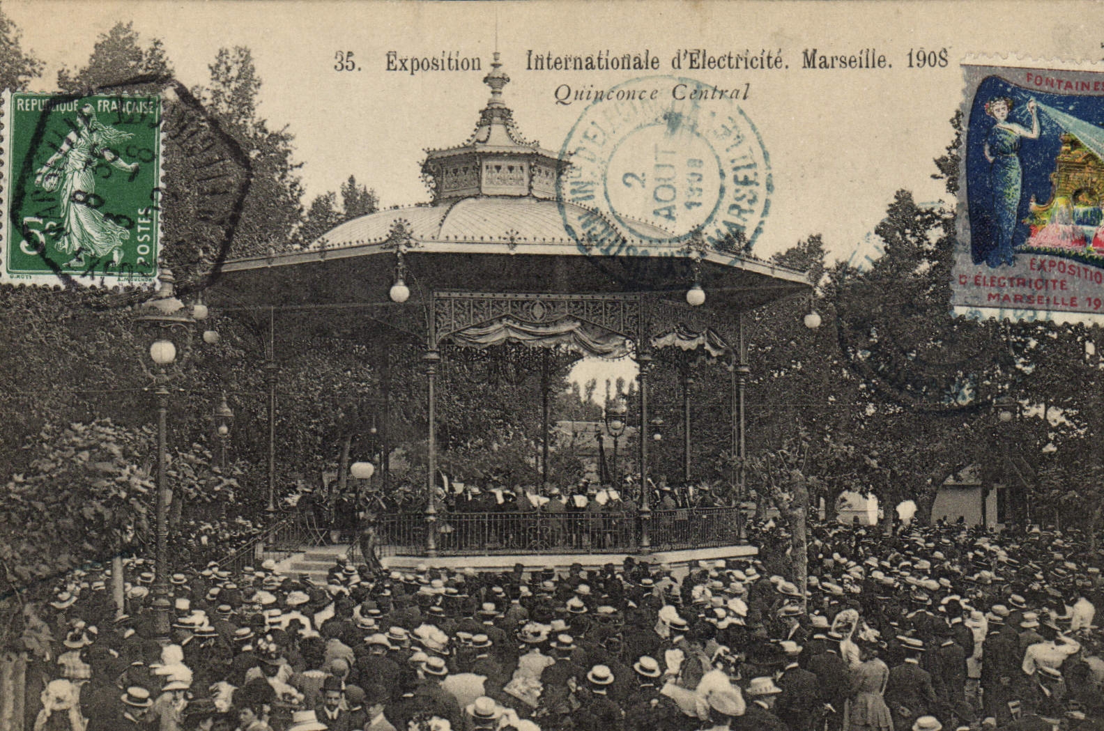 Vintage Postcard Kiosk International exhibition of electricity Marseilles 1908 Central Quincunx