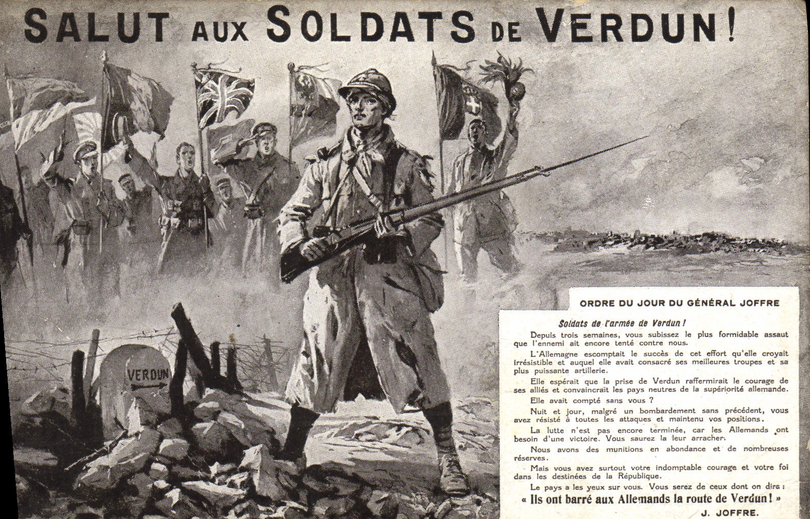 Vintage Postcard Militaria Hello with the soldiers of Verdun Agenda of General Joffre