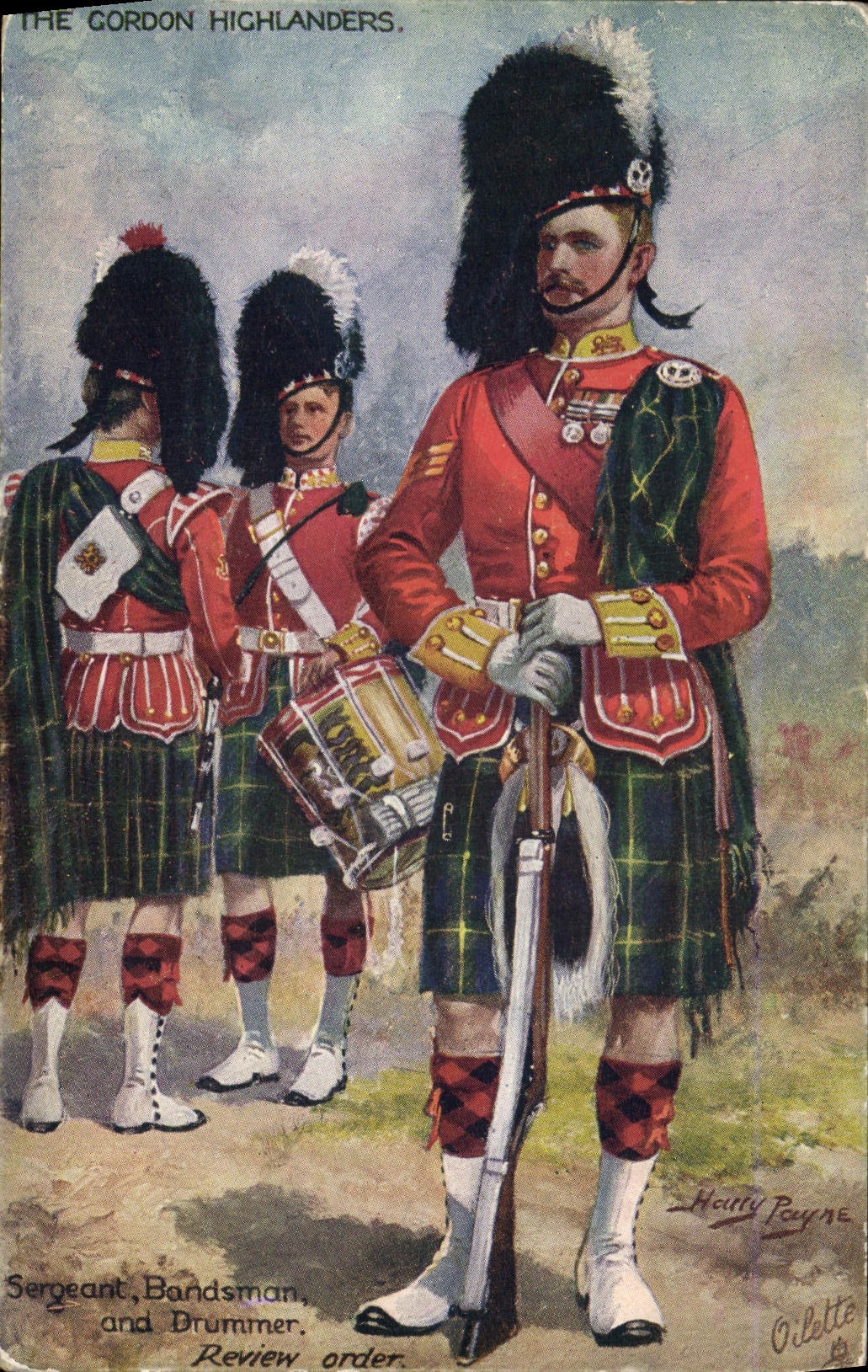 CPA Militaria The Gordon Highlanders Sergeant Bandsman and drummer