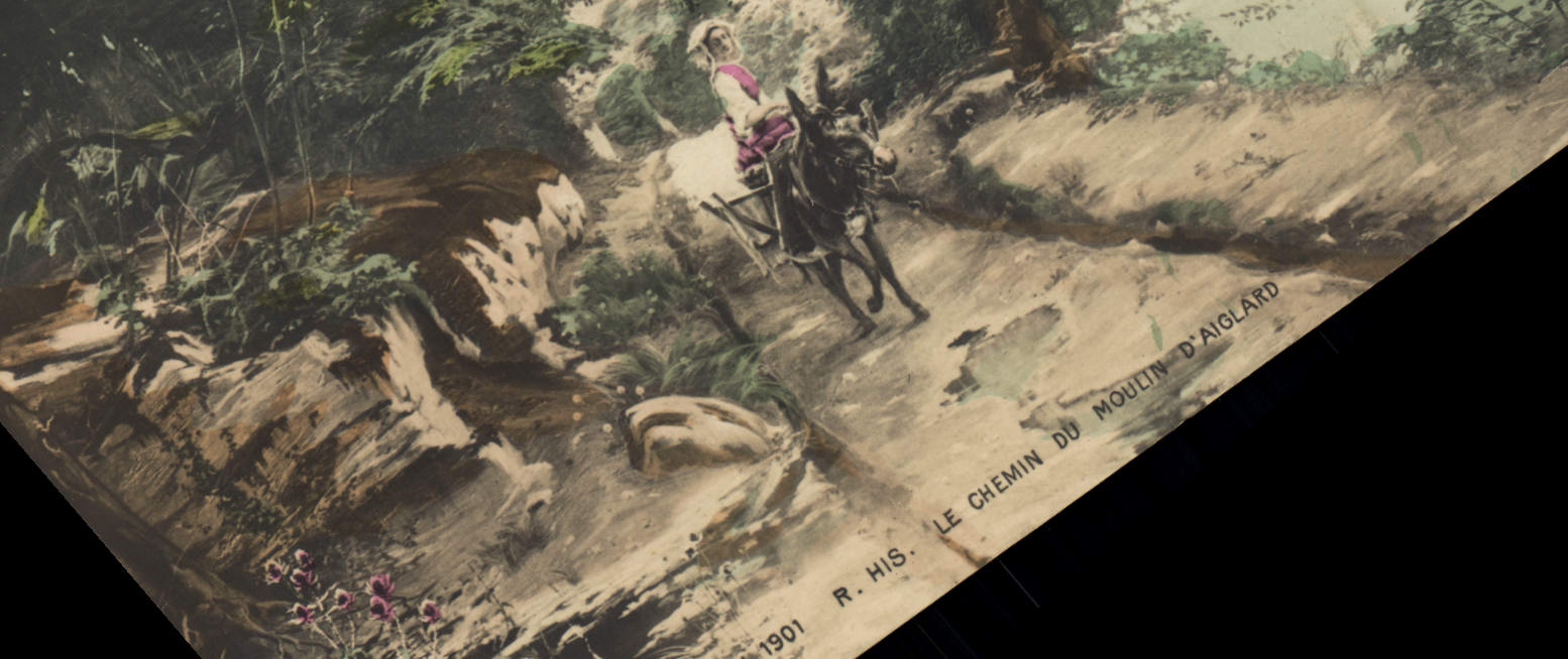 Postal Salón 1901 de His el camino del molino de Aiglard Asno Mula