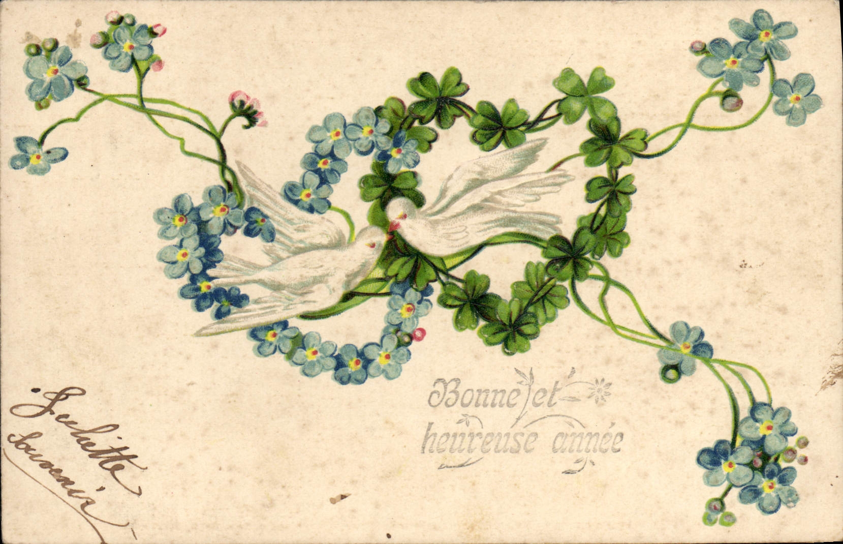 Vintage Postcard Fantasy Flowers Doves Hearts