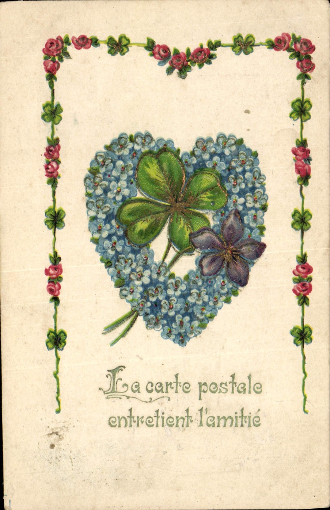 Vintage Postcard Fantasy Flowers Clover Heart