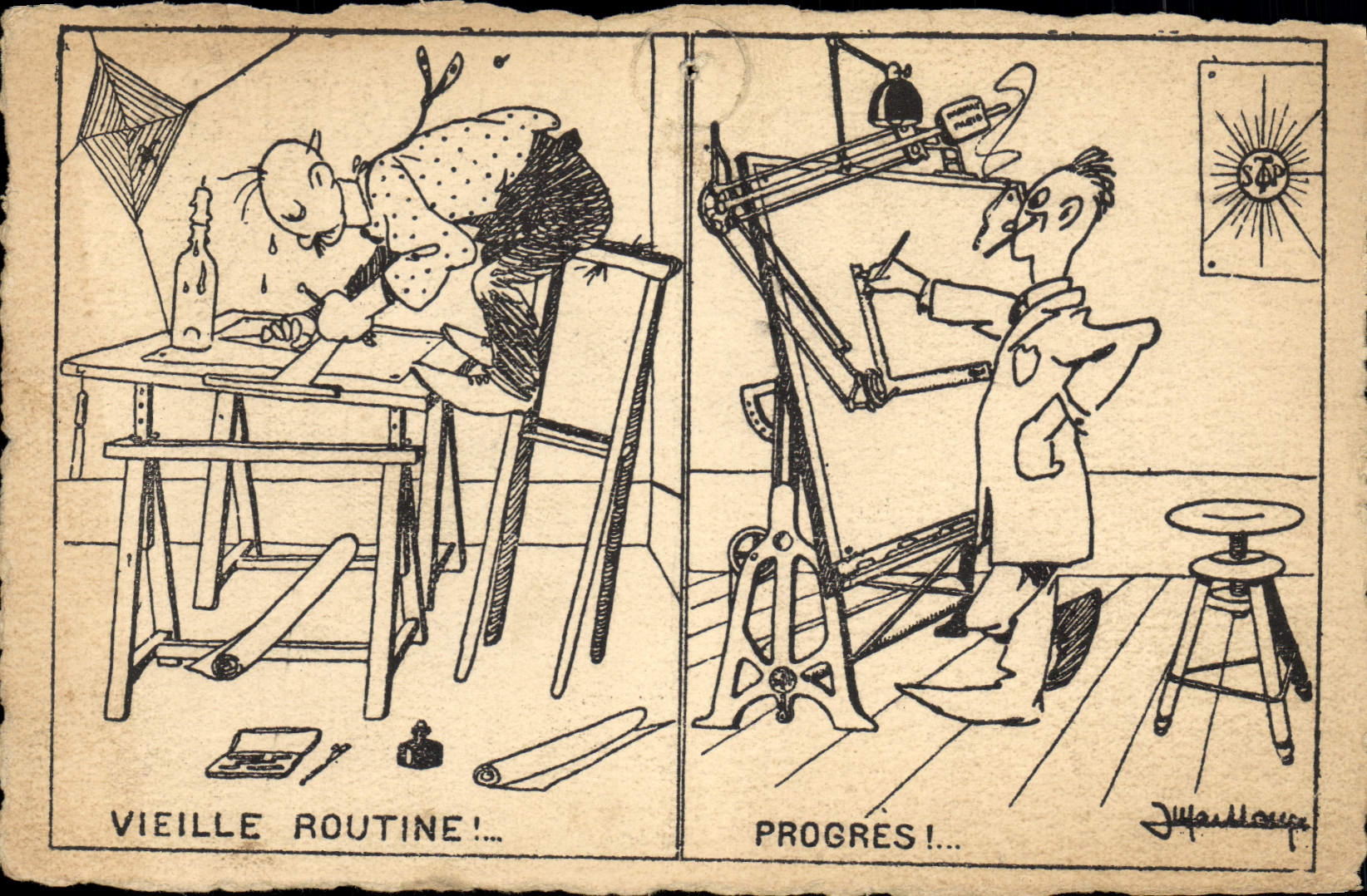 Vintage Postcard Fantasy Illustrator Old woman routine Progress