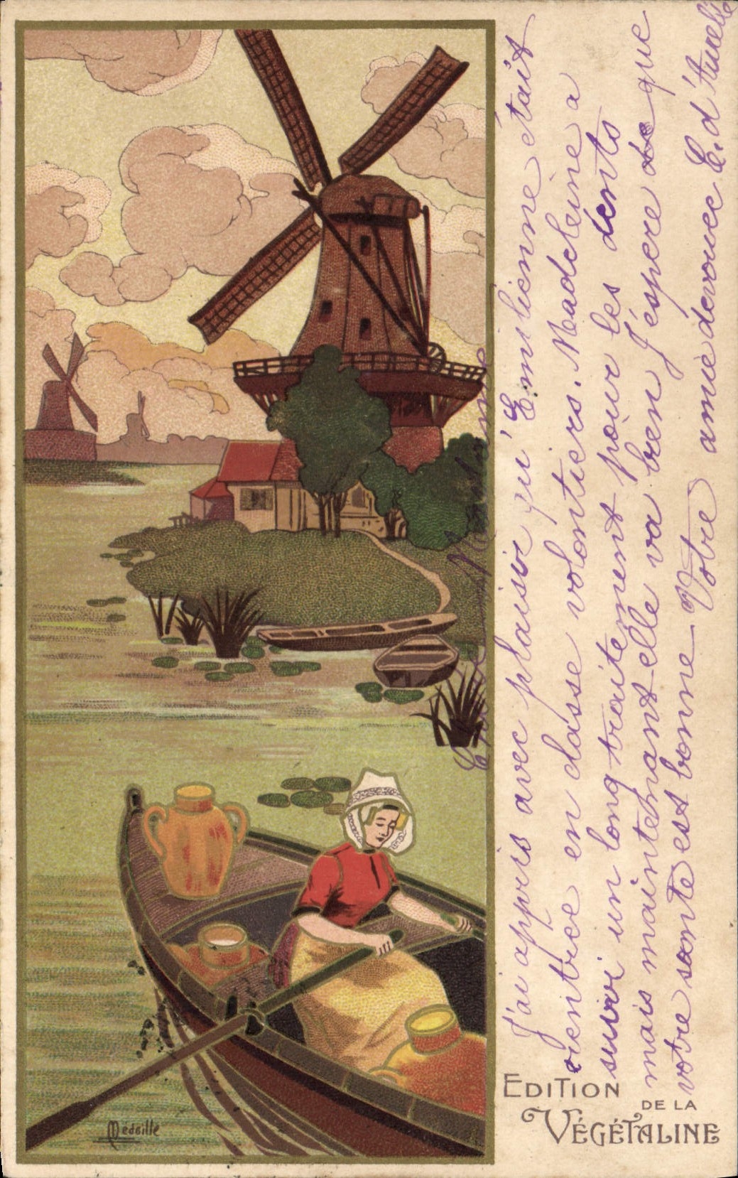 Vintage Postcard Fantaisie Illustrator Woman Windmill Vegetaline