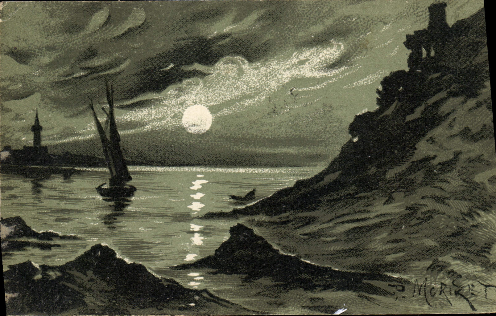 Vintage Postcard Fantasy Illustrator Landscape Boat