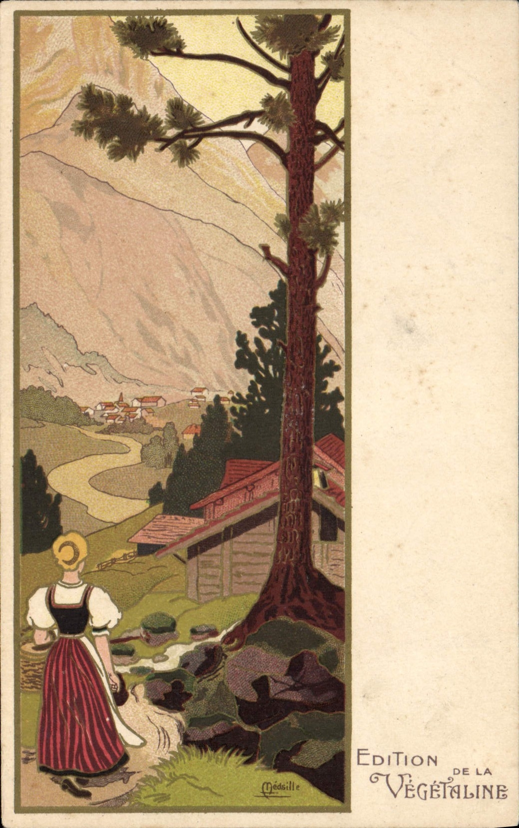 Vintage Postcard Fantasy Illustrator Woman Mountains Vegetable fat