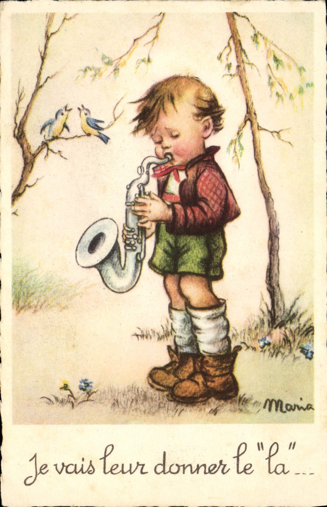 Vintage Postcard Fantasy Illustrator Child Saxophone