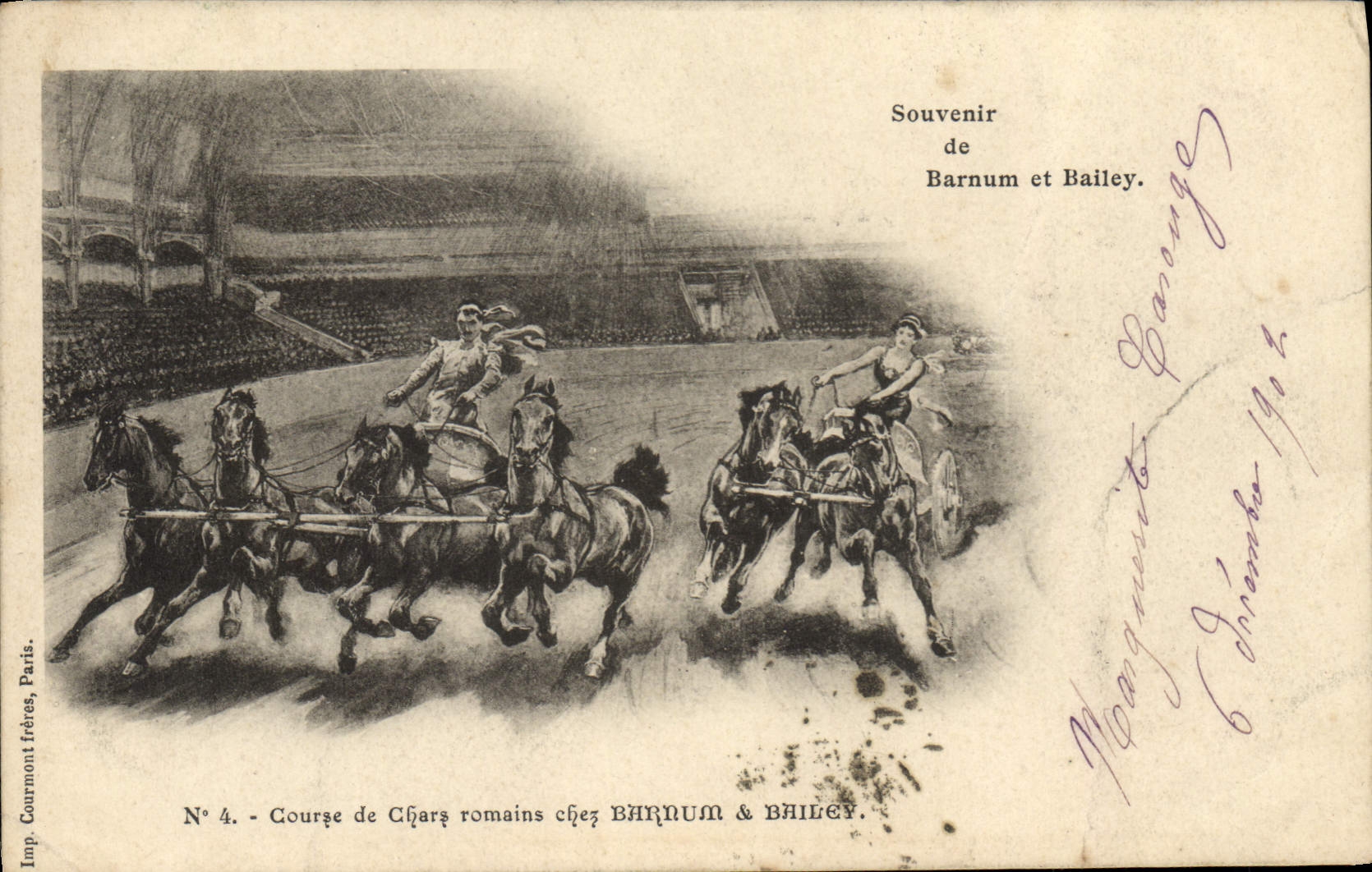 Vintage Postcard Circus Barnum & Bailey Chases of roman chariots