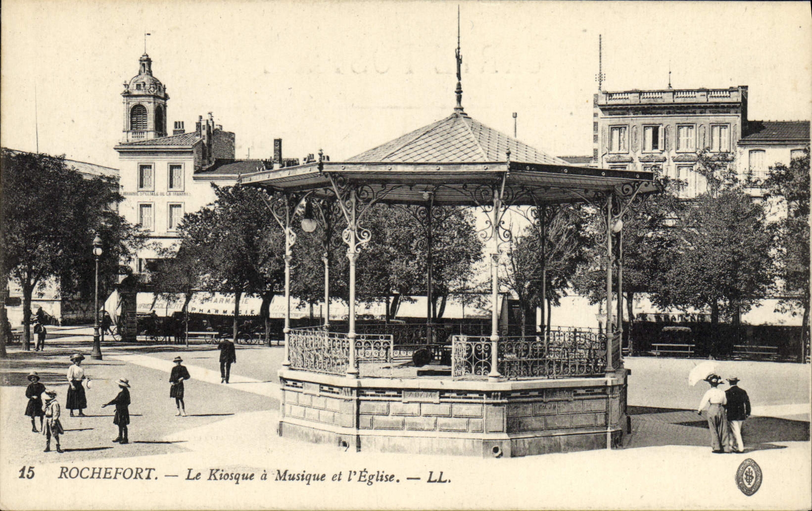Vintage Postcard Bandstand and the Rochefort church