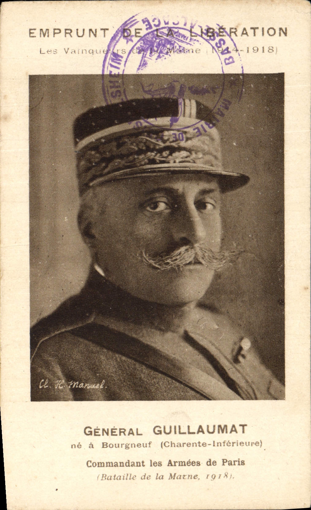 Postal Militaria Empréstito de la Liberación General Guillaumat Bourgneuf Controlar el no armaron París Batalla de la Marga
