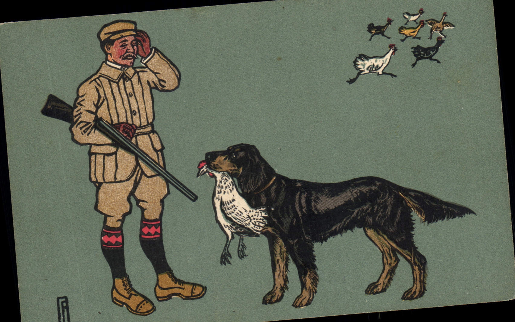 Postal Caza Cazador Perro Gallinas