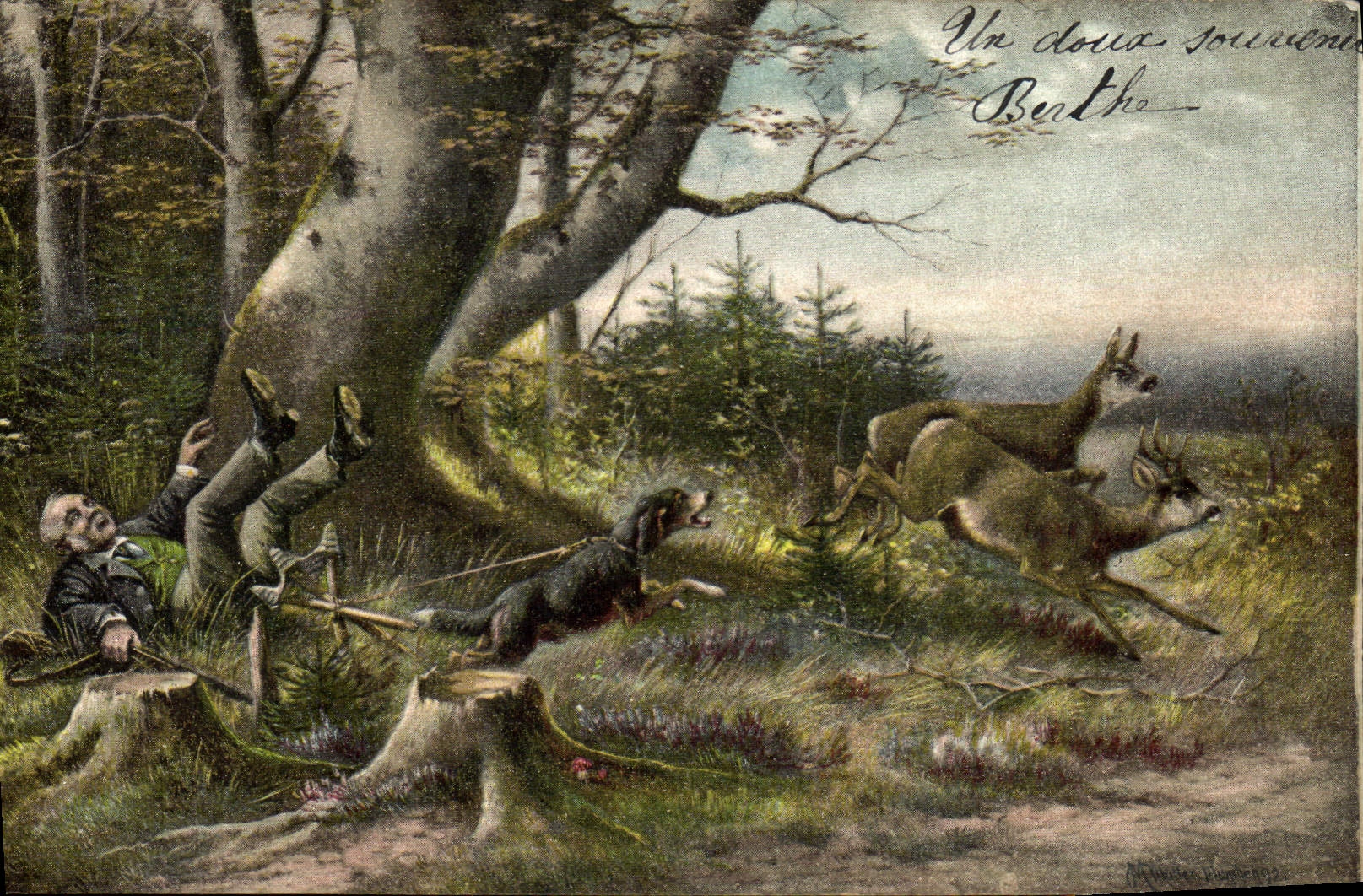 Postal Caza Cazador Perro Ciervas