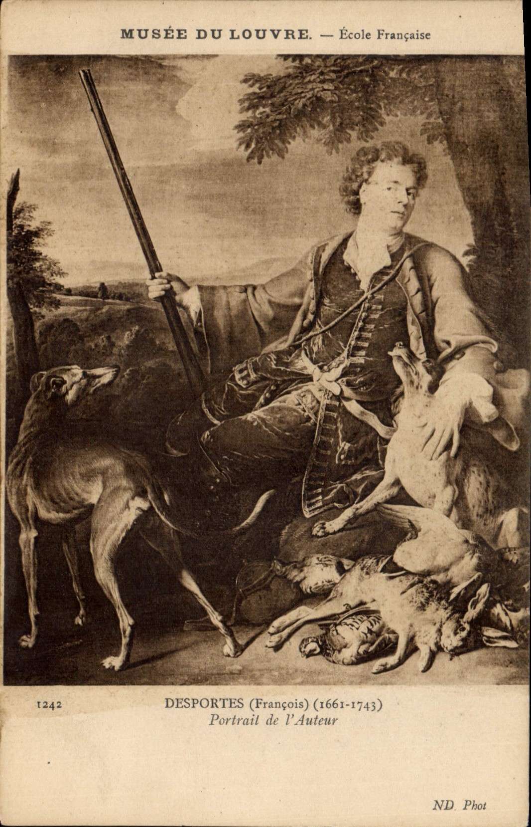 Postal Caza París Vagar del Louvre Desportes Retrato del autor Perro Conejo