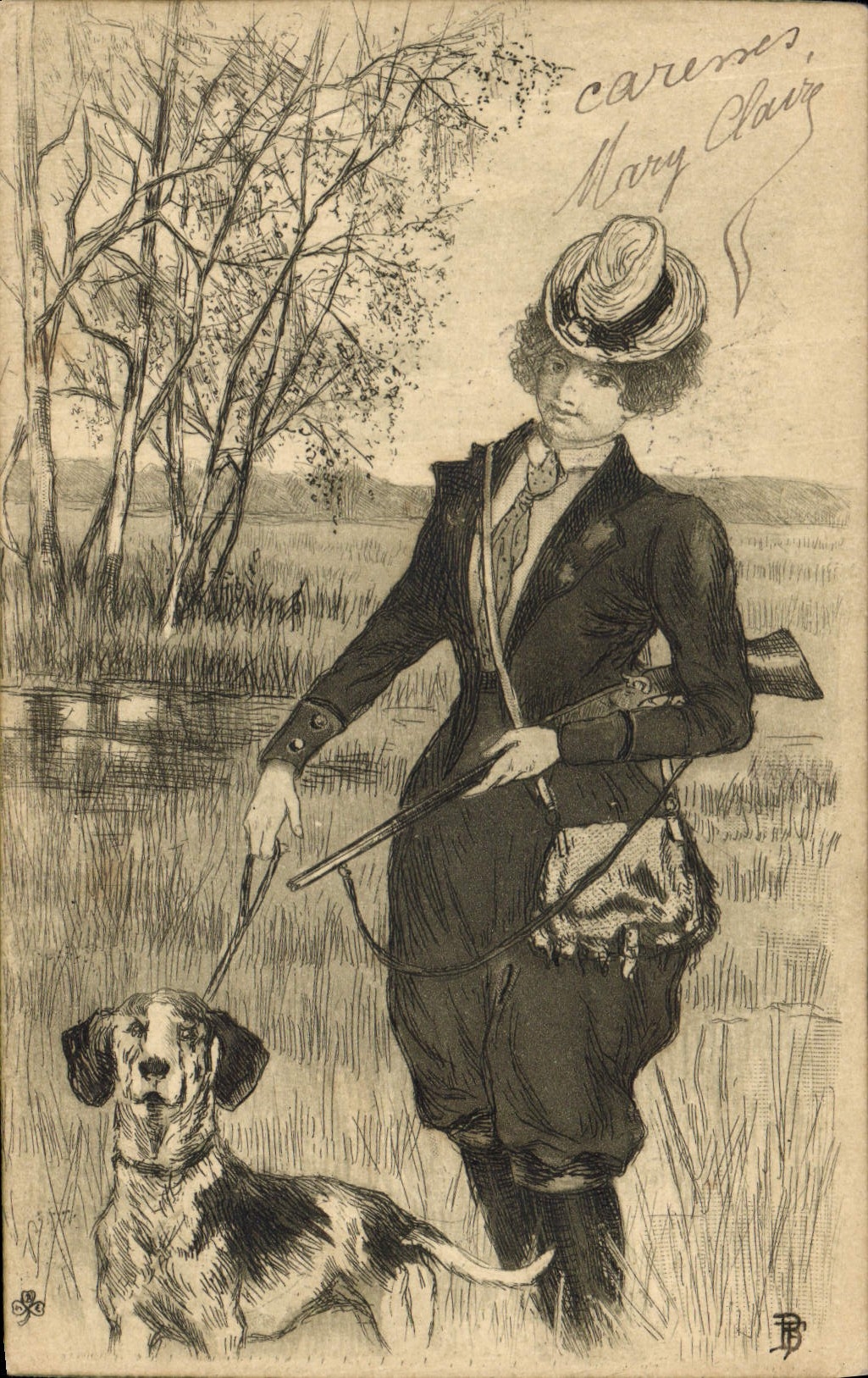 CPA Chasse Femme Chien