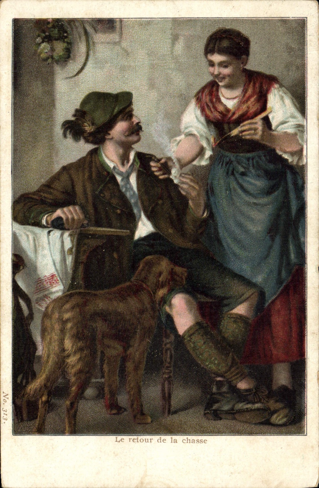 CPA Le retour de la Chasse Chasseur Chien