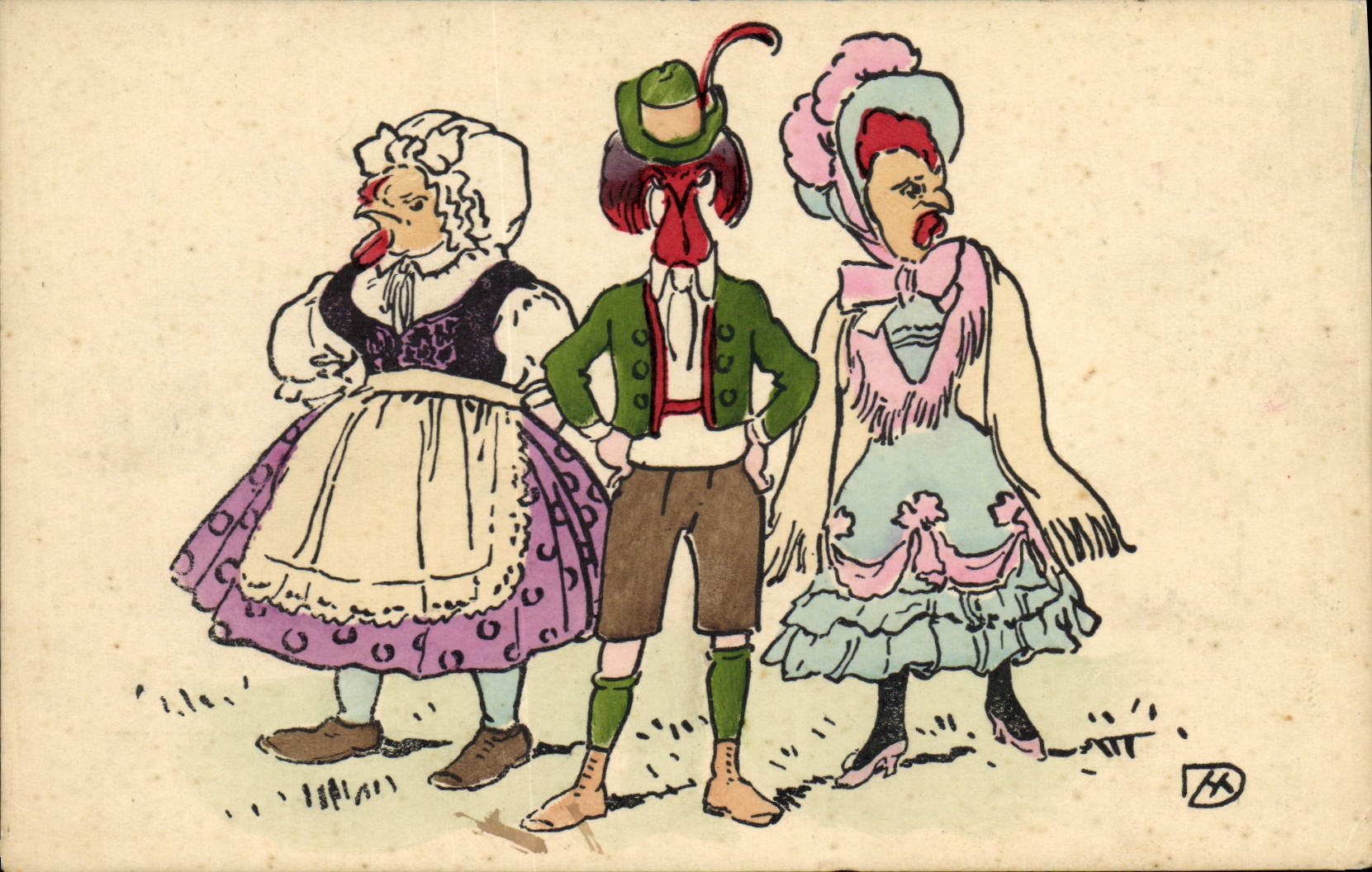 Vintage Postcard Fantasy Illustrator Cock and hens