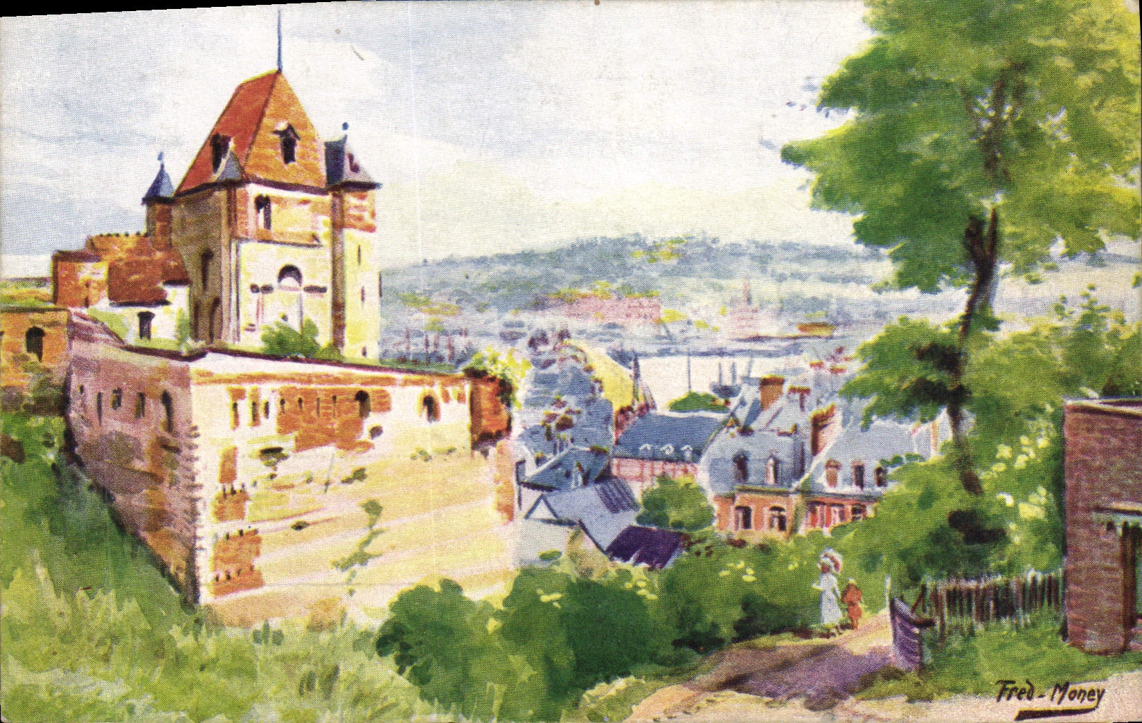 Vintage Postcard Fantasy Illustrator Fred Money Dieppe the tower St Remy and the city