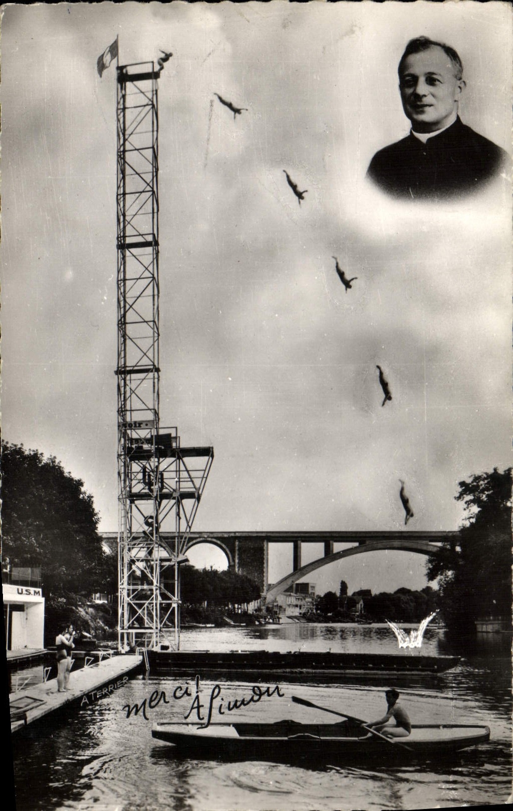 Postal Abad volante Robert simon Eglise de Saone Zambullida del Abad Simon