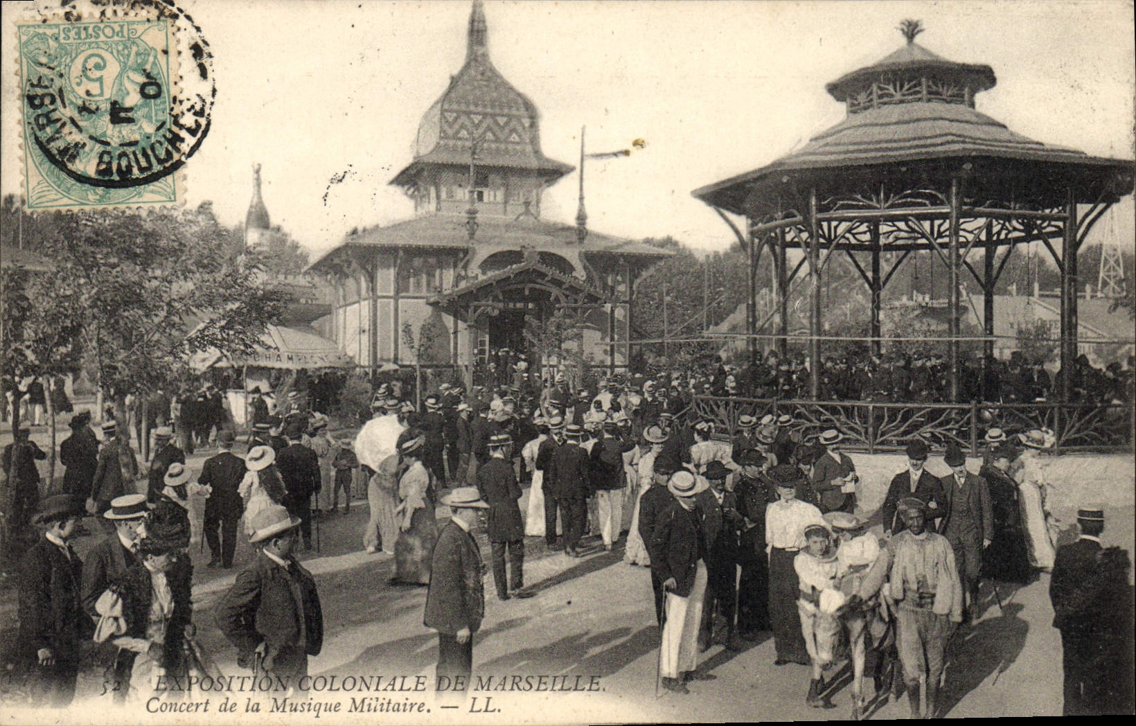 Vintage Postcard Kiosk Concert of the military music Marseilles colonial Exposure