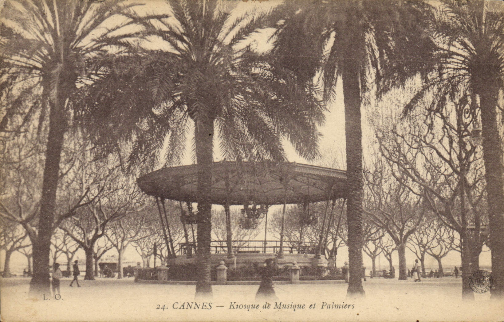 Vintage Postcard Kiosk of music and Cannes palm trees