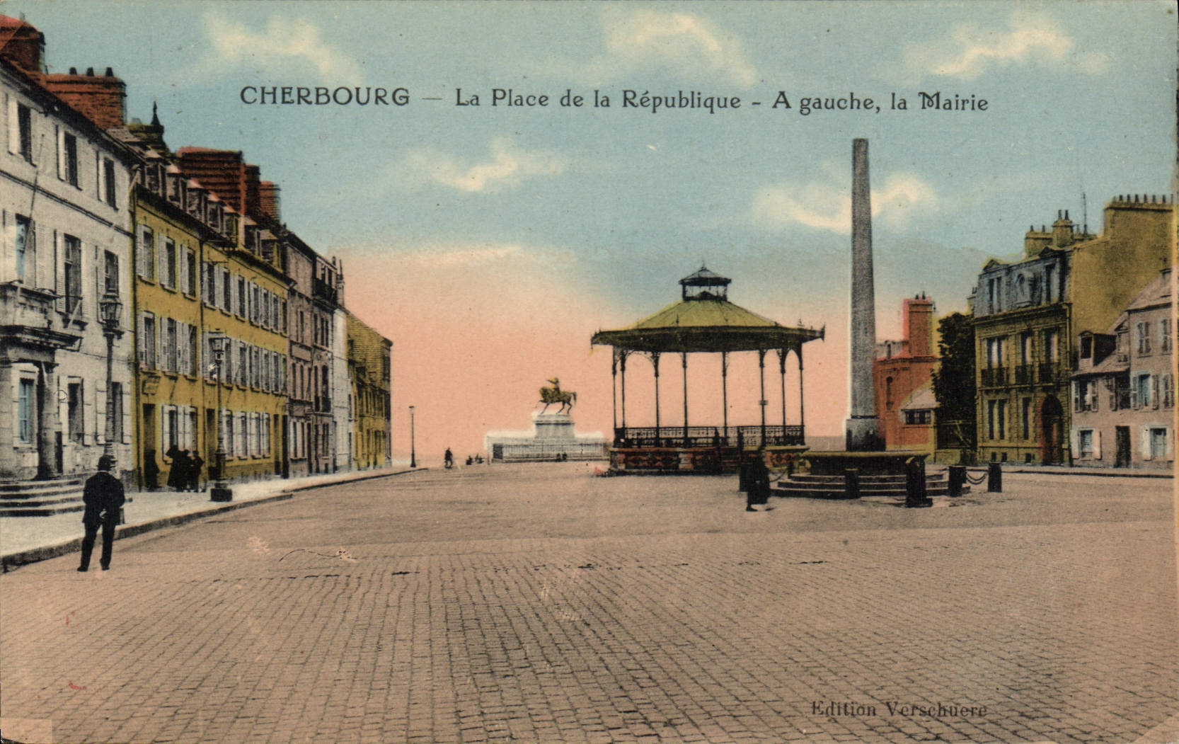 Vintage Postcard Cherbourg Kiosk the Place of the Republic On the left the Town hall