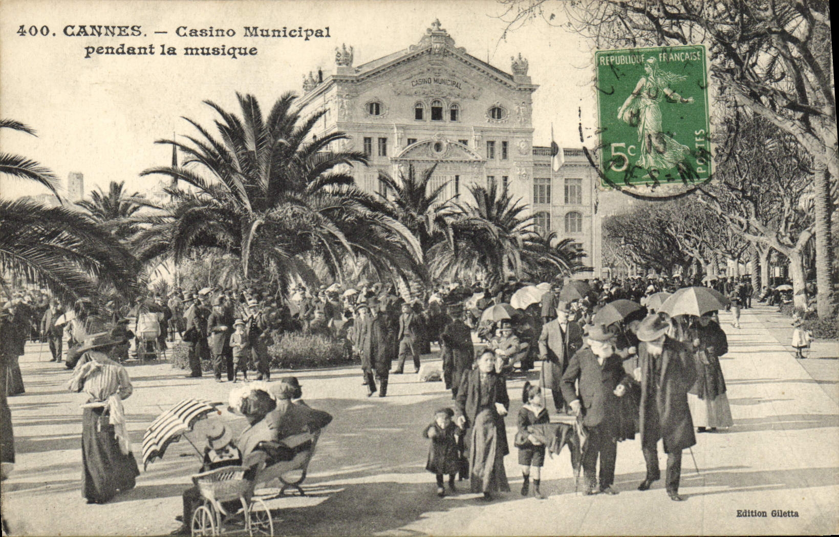 Vintage Postcard Kiosk Cannes municipal Casino during the music