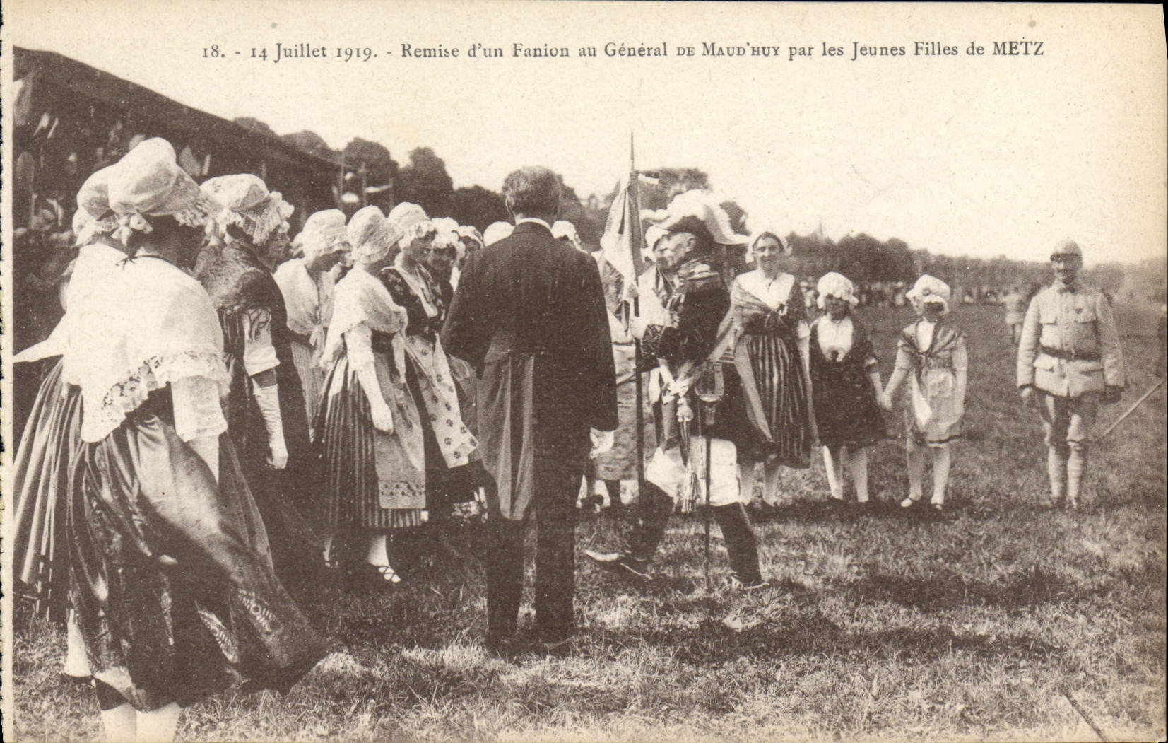 Vintage Postcard Militaria July 14th, 1919 Given of a flag to General of Maud' Huy by the young girls of Metz