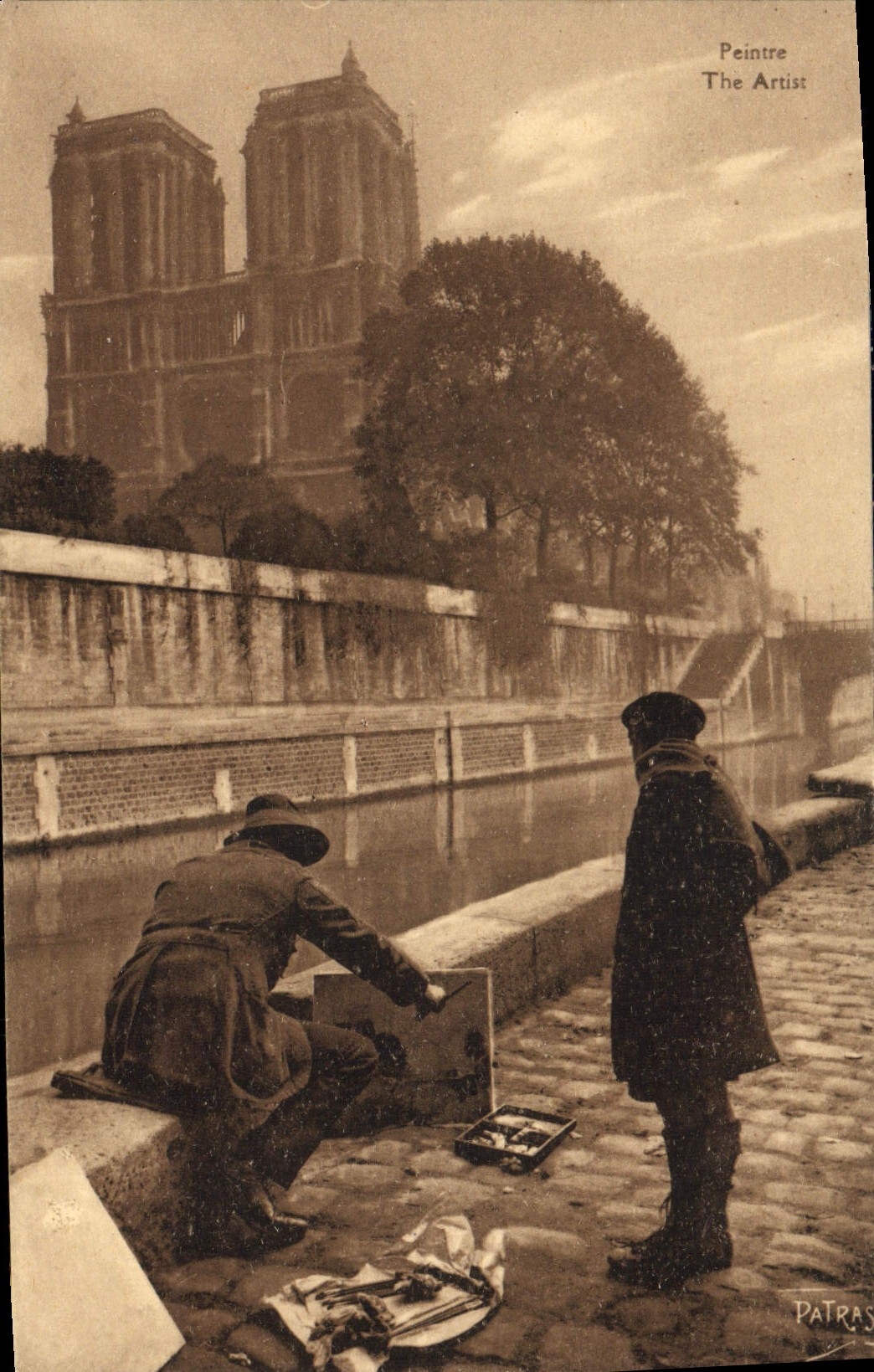 Postal Pintor a lo largo del Sena París Notre Dame