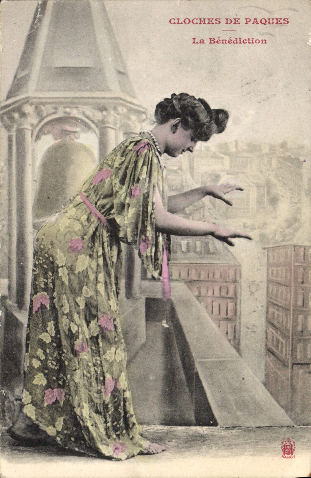 Vintage Postcard Bells of Easter the Blessing Woman