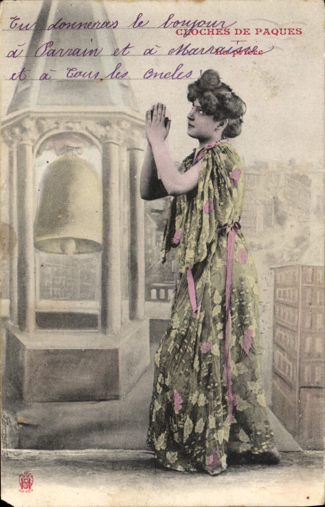 Vintage Postcard Bell of Easter Woman the prayer
