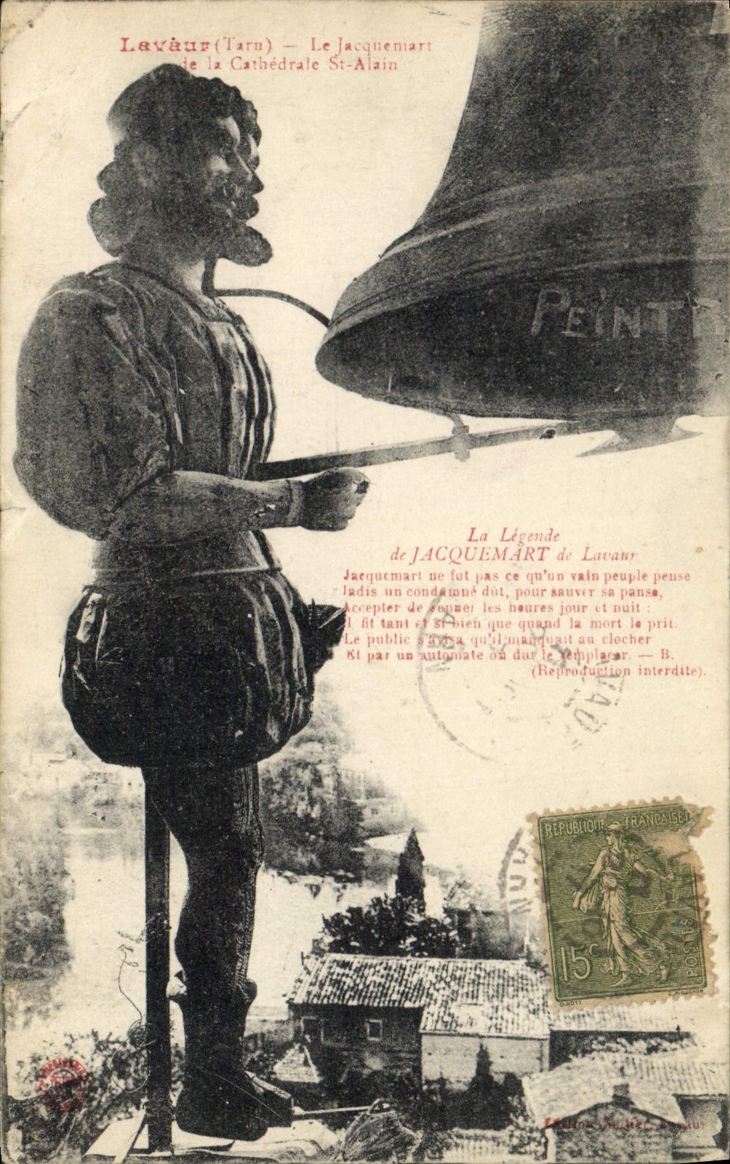 Vintage Postcard Lavaur Bell Jacquemart of the cathedral St Alain