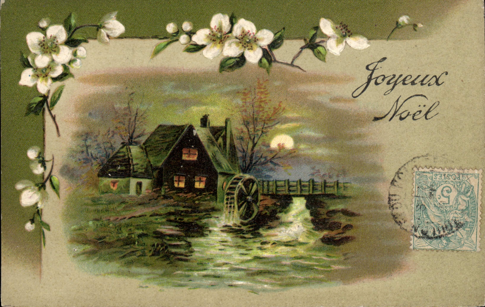 Vintage Postcard Fantaisie Flowers Water mill Christmas