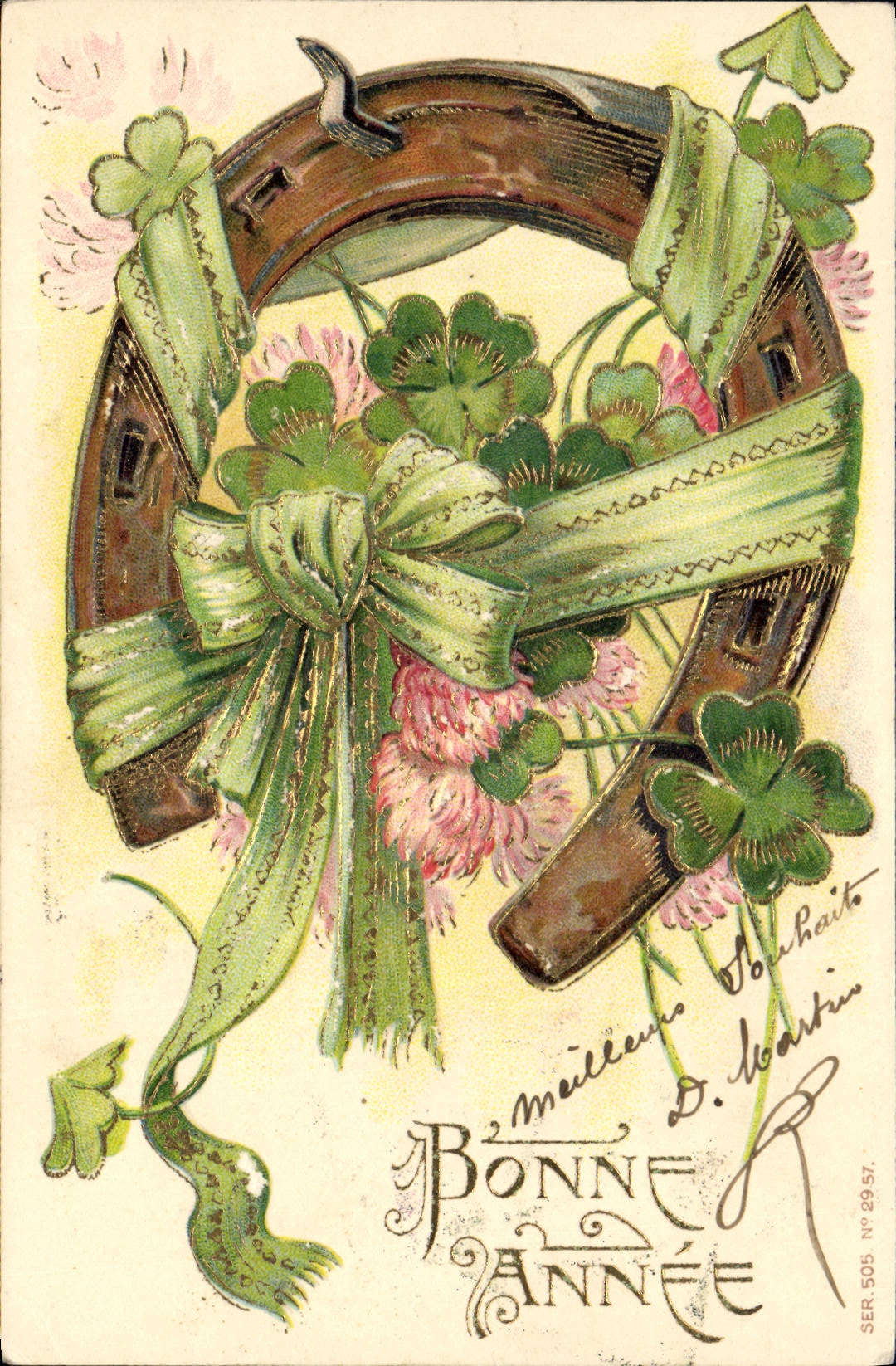 Vintage Postcard Fantasy Flowers Horseshoe Clover