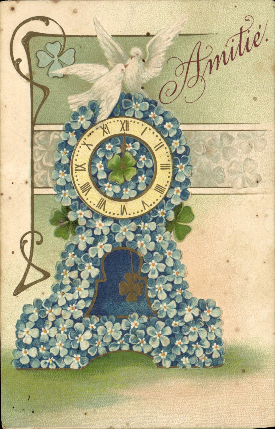 Vintage Postcard Fantasy Flowers Doves Clock Clover