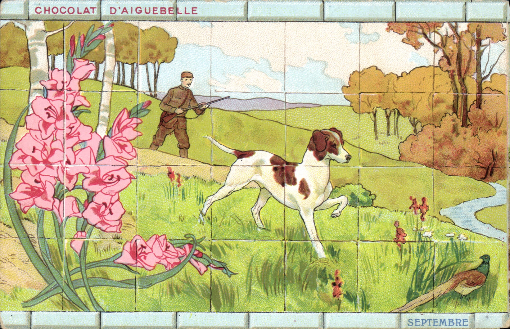 Postal Caza Perro Chocolate de Aiguebelle Perdiz Septiembre