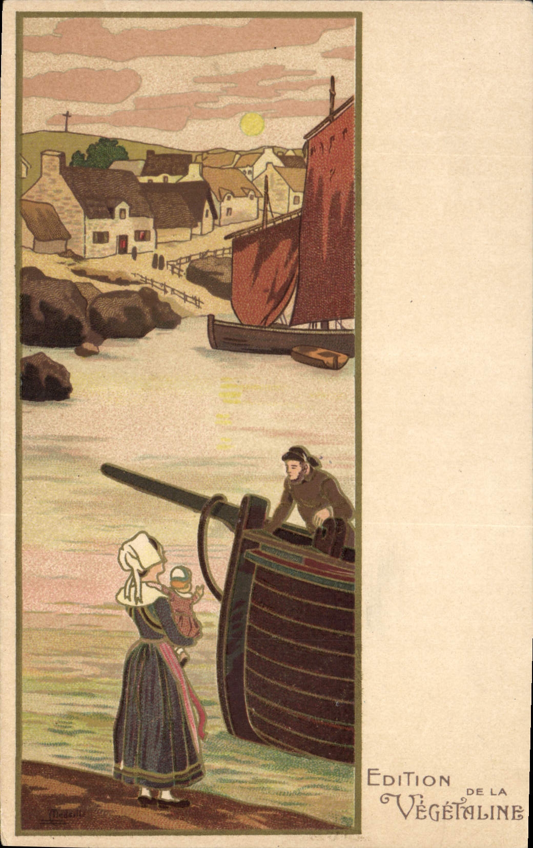 Vintage Postcard Fantasy Illustrator Woman Boat Vegetable fat