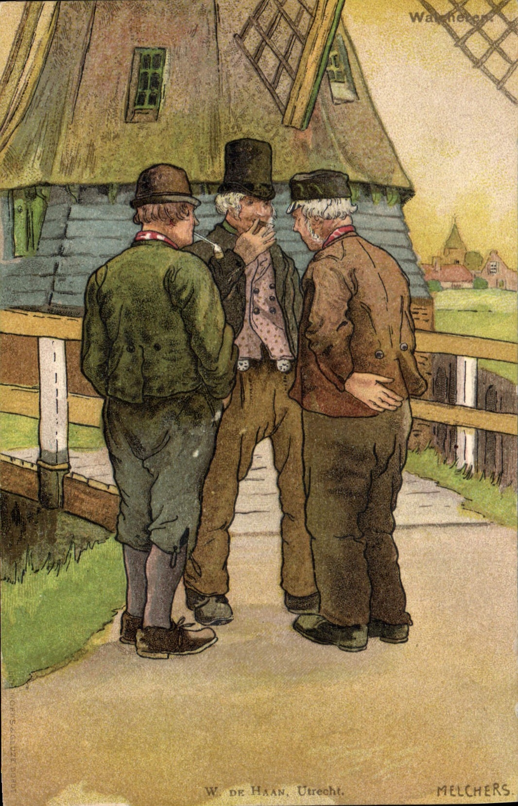 Vintage Postcard Fantaisie Illustrator Men Windmill W of Haan Utrecht Melchers
