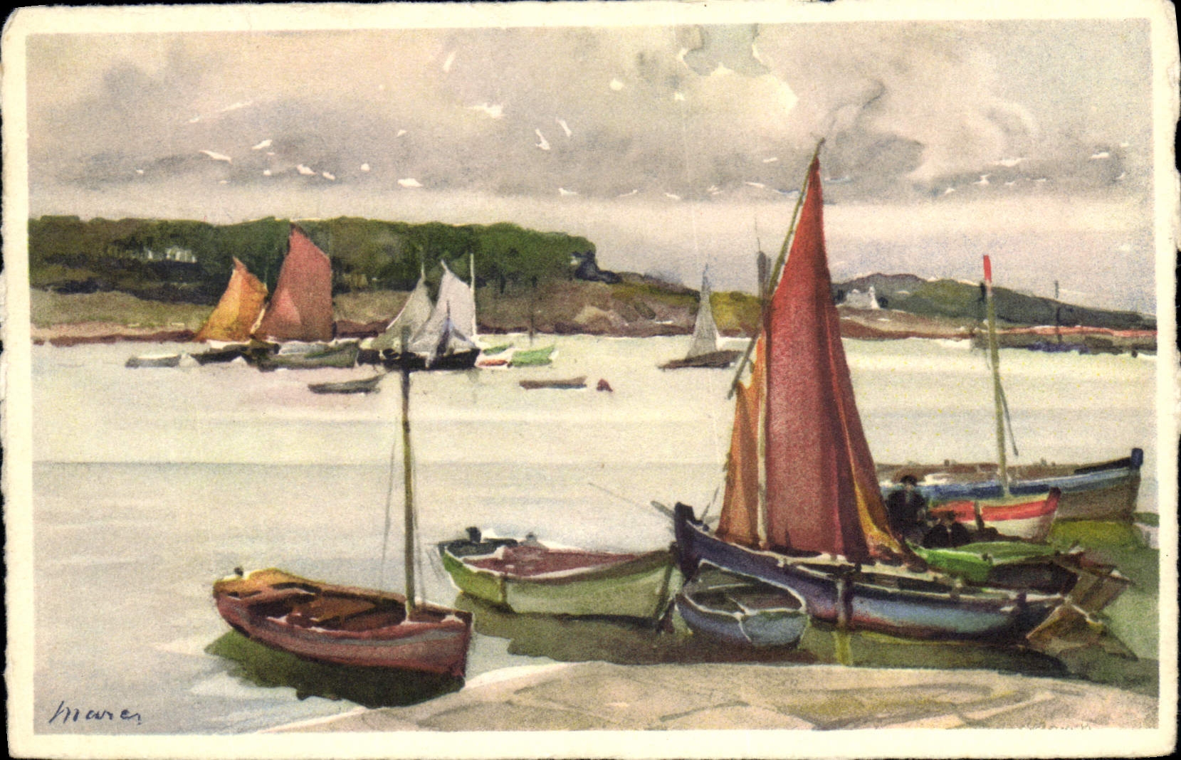 Vintage Postcard Fantasy Illustrator Fishing boats