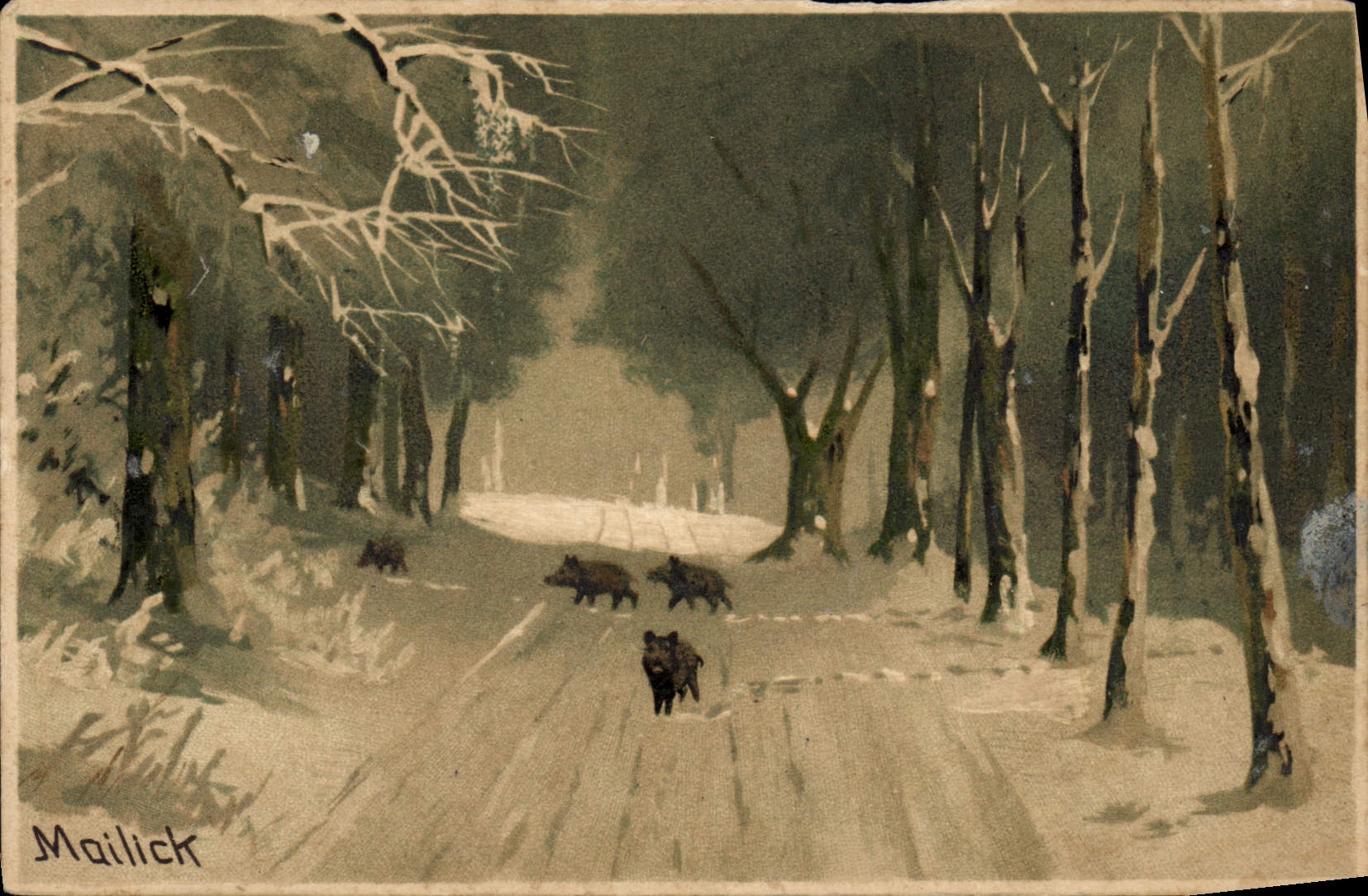 Vintage Postcard Fantasy Illustrator Mailick Wild boars