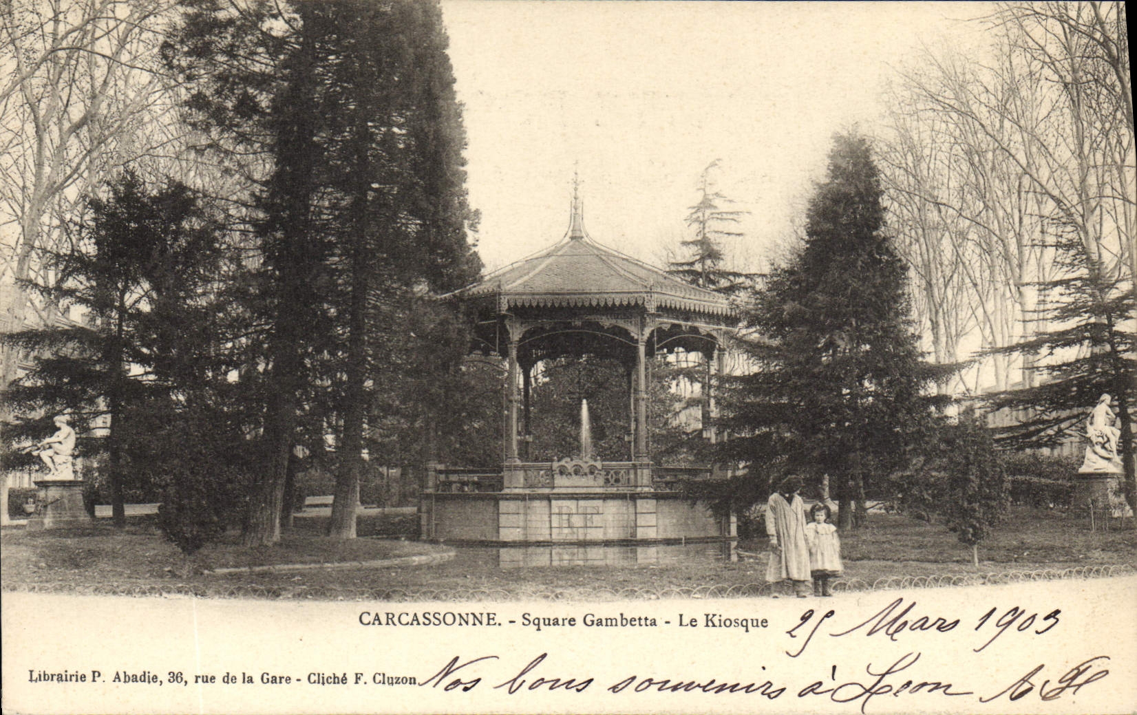 Vintage Postcard Kiosk Public garden Gambetta Carcassonne Children
