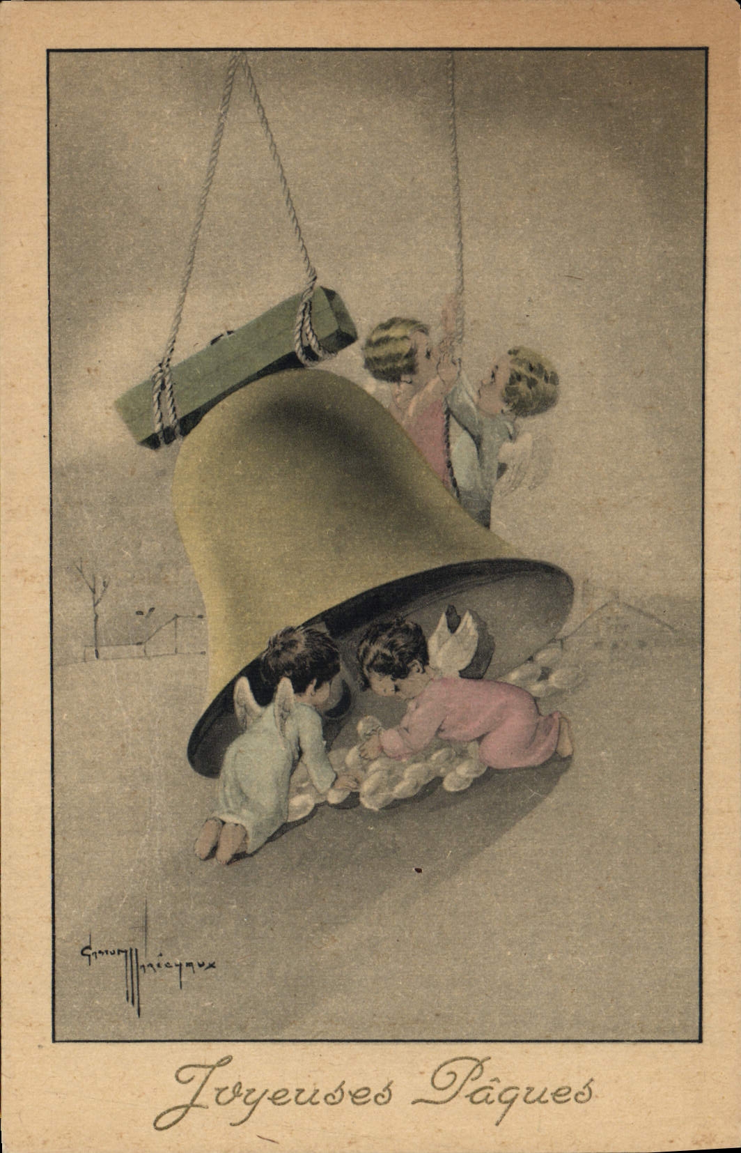 Vintage Postcard Bell Children Angels