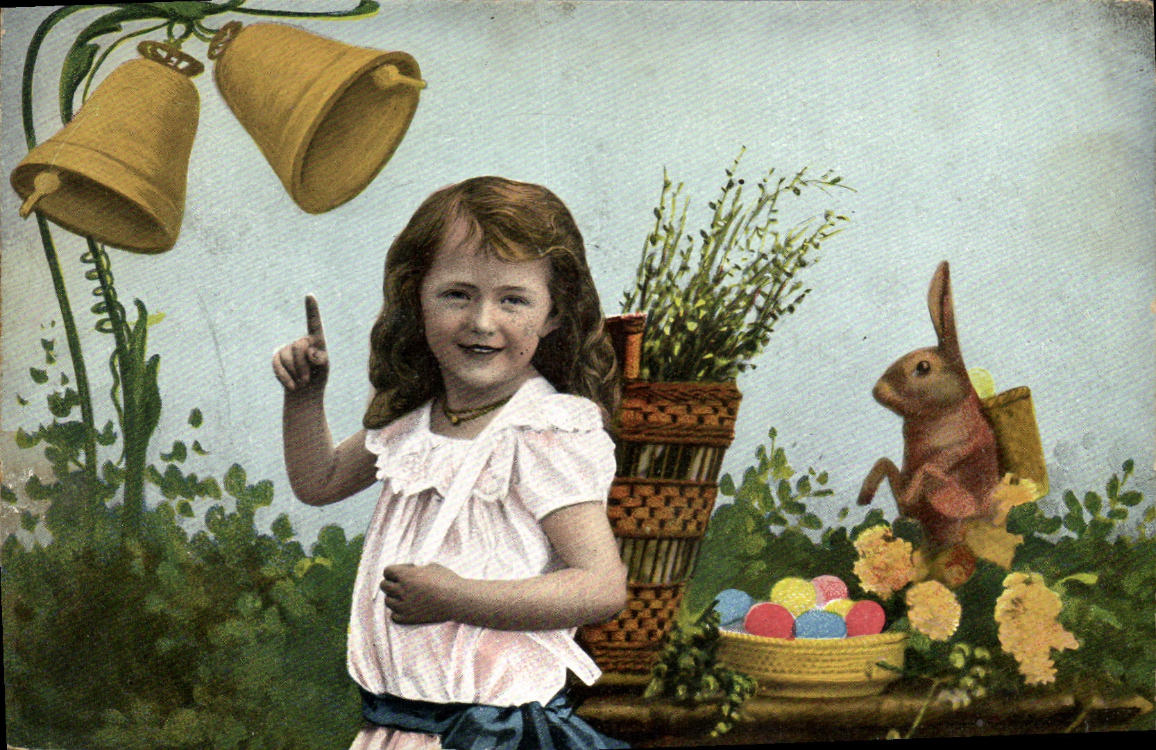 Vintage Postcard Bells Child Rabbit