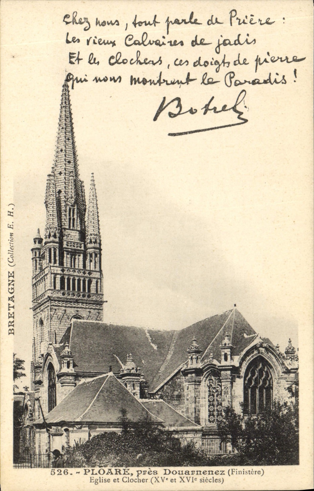 Vintage Postcard Botrel Ploare close Douarnenez Church and bell-tower