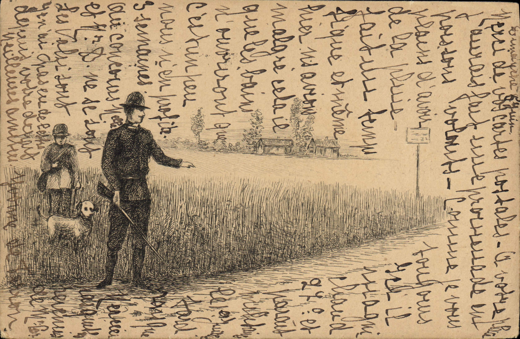 Vintage Postcard Drives out Hunter Hunters Dog