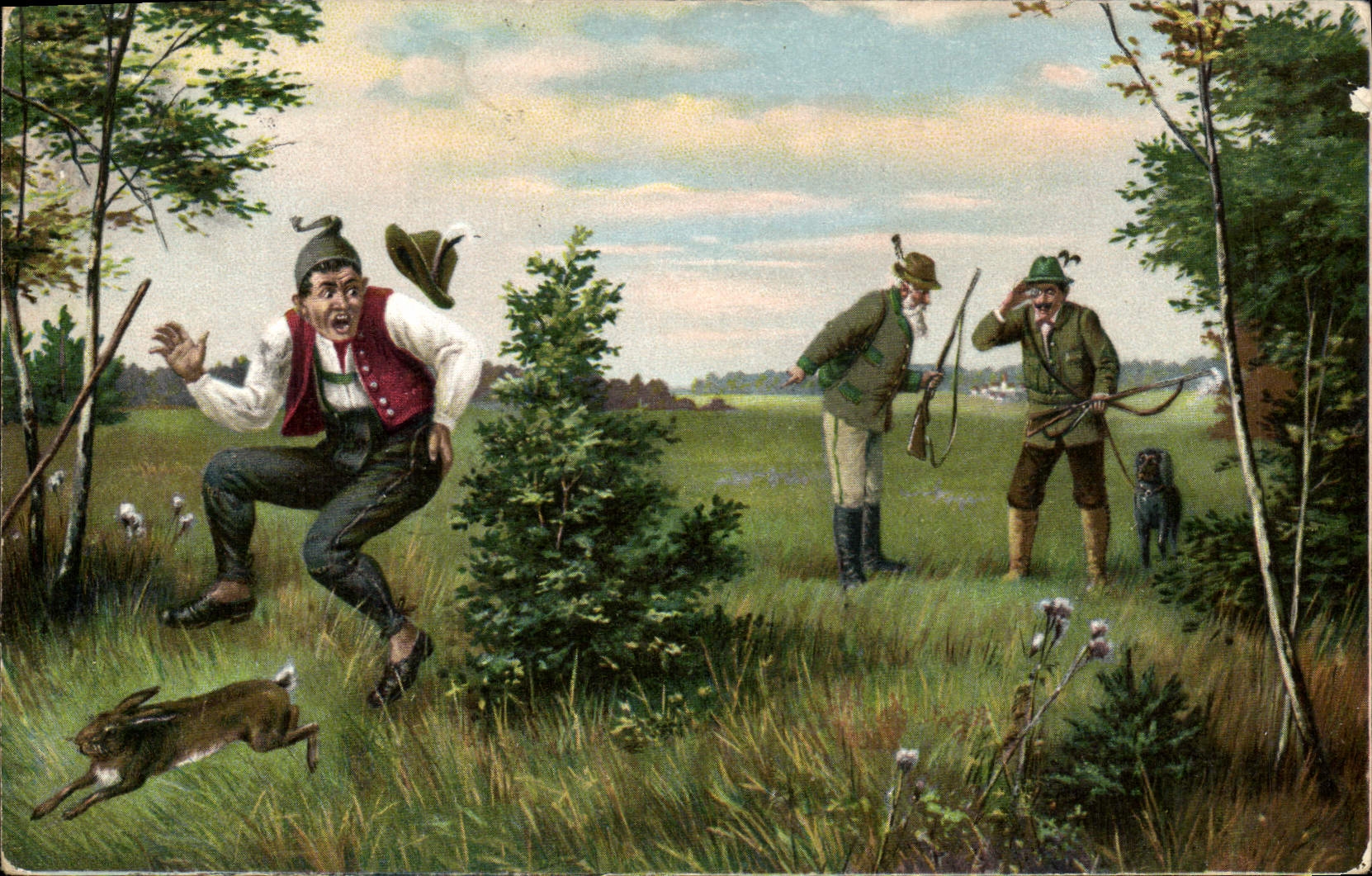 Vintage Postcard Drives out Hunter Hunters Rabbit Dog