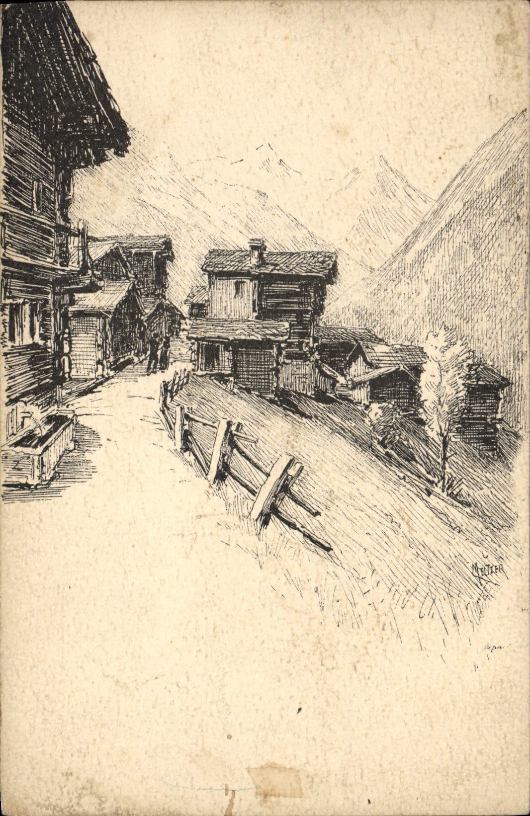 Vintage Postcard Fantasy Illustrator Village in mountain