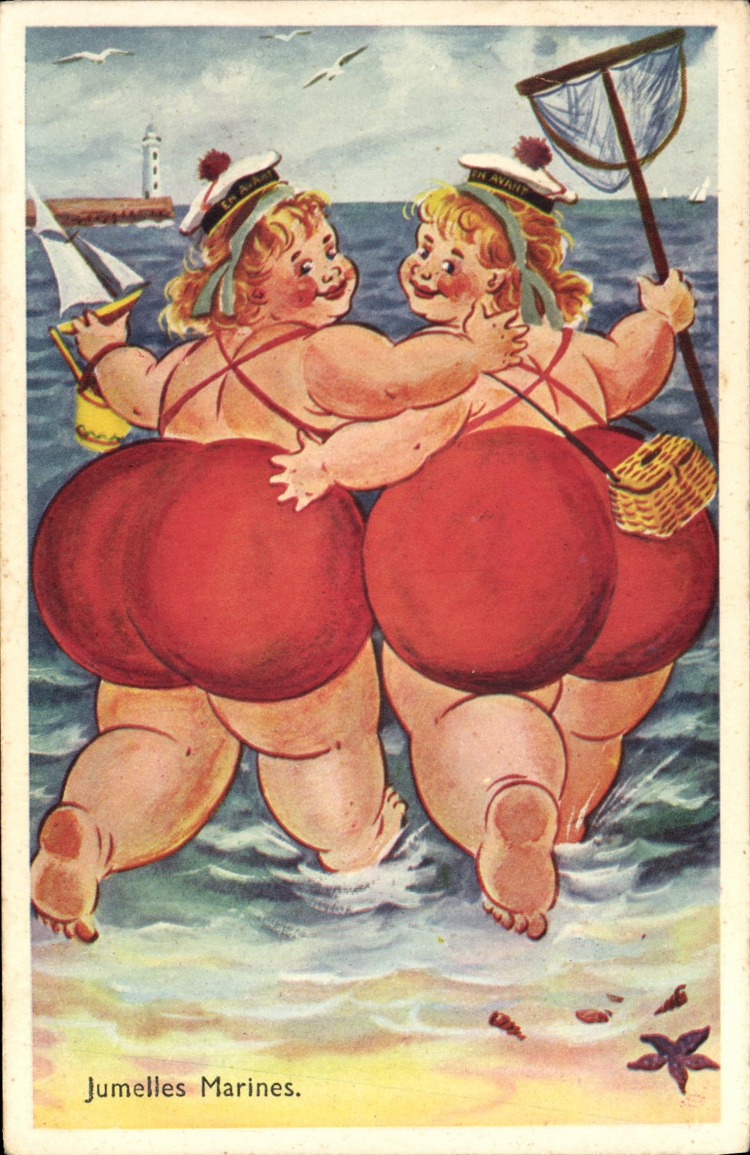 Vintage Postcard Fantaisie Illustrator strong Women has the beach