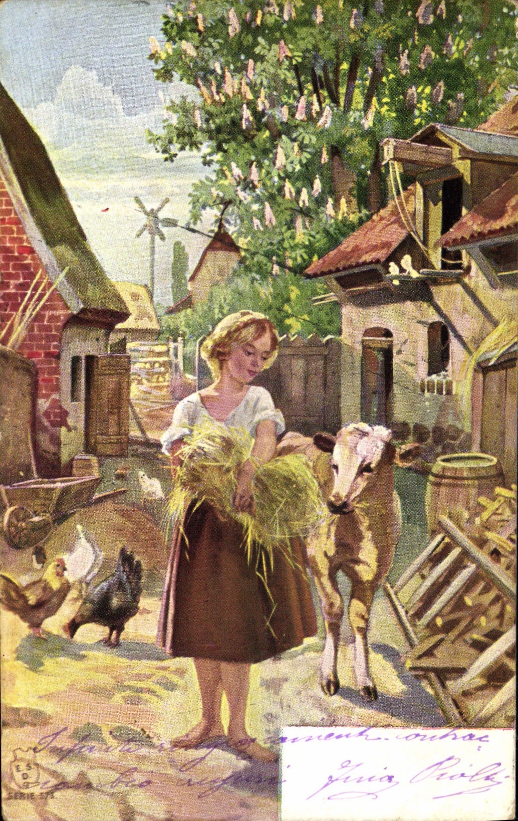 Vintage Postcard Fantasy Illustrator Child Cow
