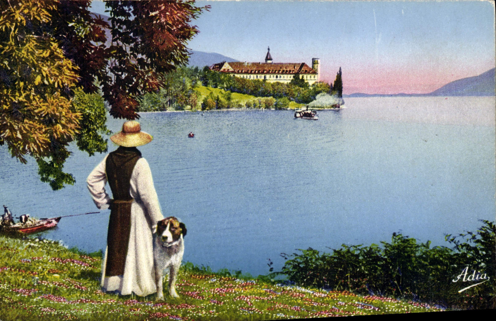 Vintage Postcard Dogs Savoy Dog the abbey of Hautecombe and the lake of Le Bourget