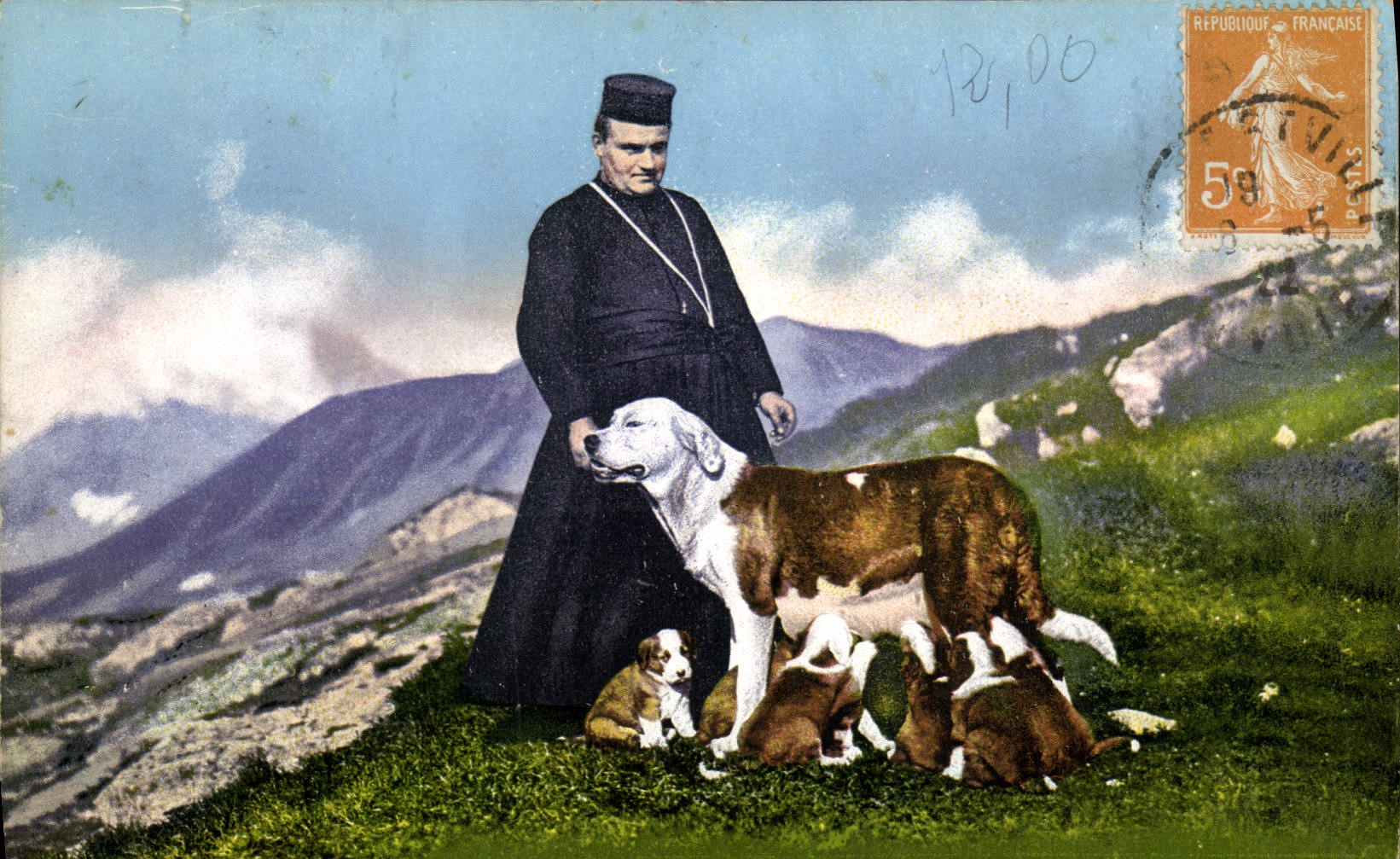 Vintage Postcard Dogs Religious Dog and dogs of Large St Bernard